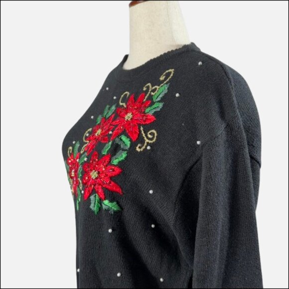 Victoria Jones Black Christmas Sweater Poinsettia Beaded Embroidery (Size 1XL) - Picture 3 of 11